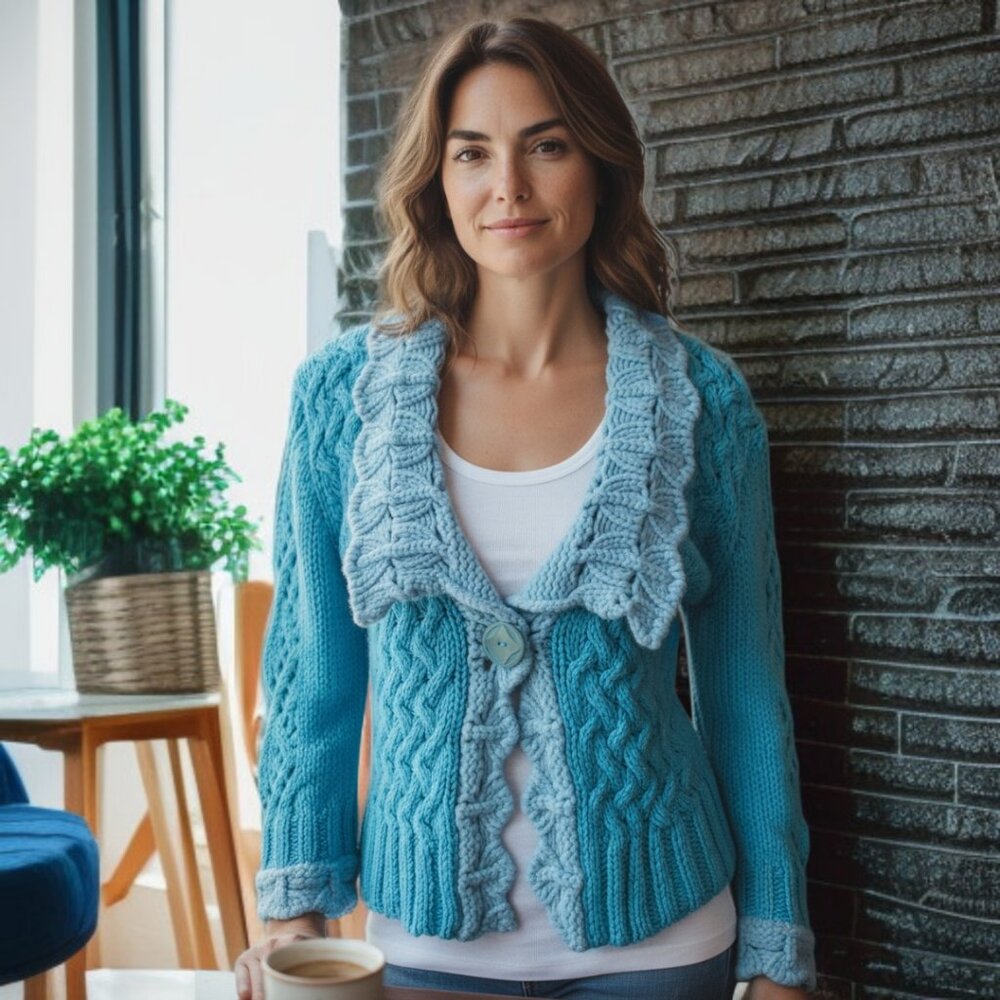 NWT BETH BOWLEY (LG) Two Tone Blue Knit Cotton/Lambswool Cardigan
